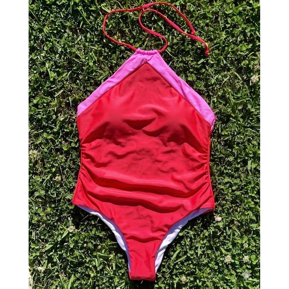 Pink Lily Bright Red Neon Pink Halter One Piece Swimsuit Ruched Large Beach Pool